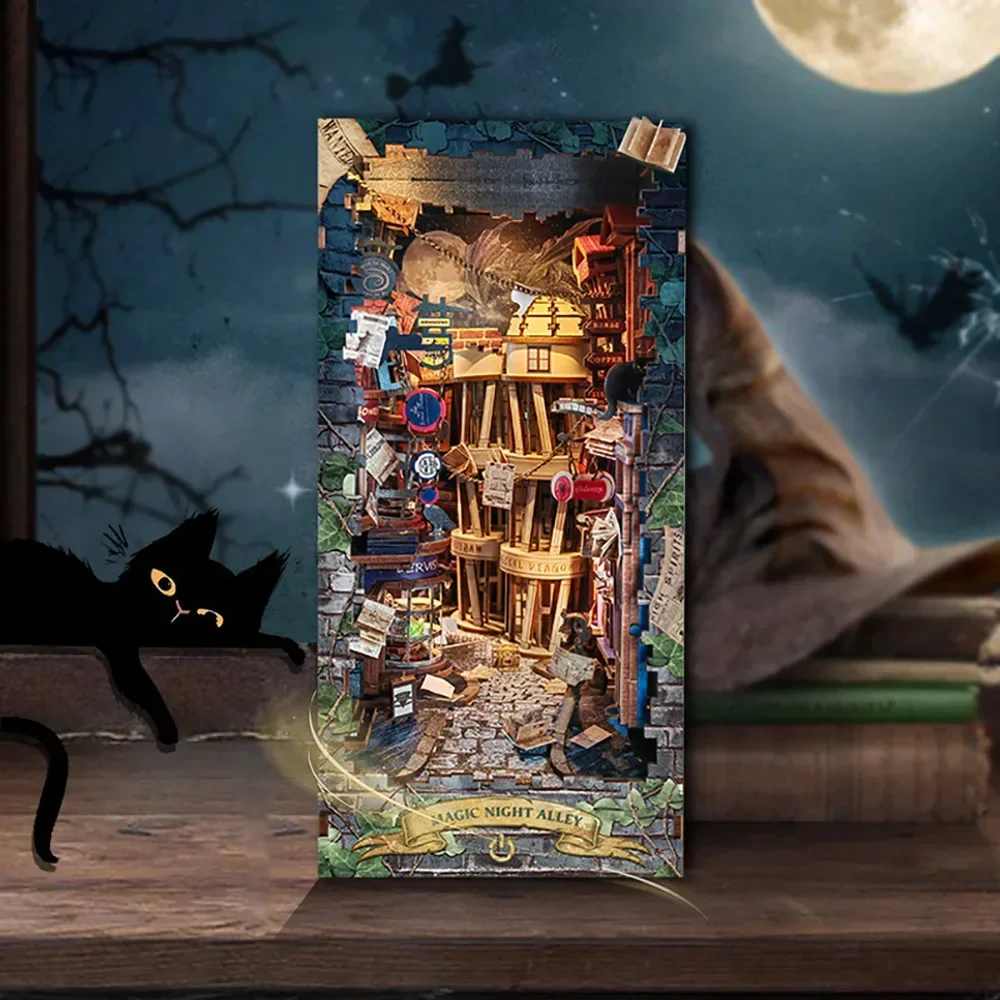 Diy Wooden Book Nook Kit Shelf Insert - Retro fai da te Magic Night